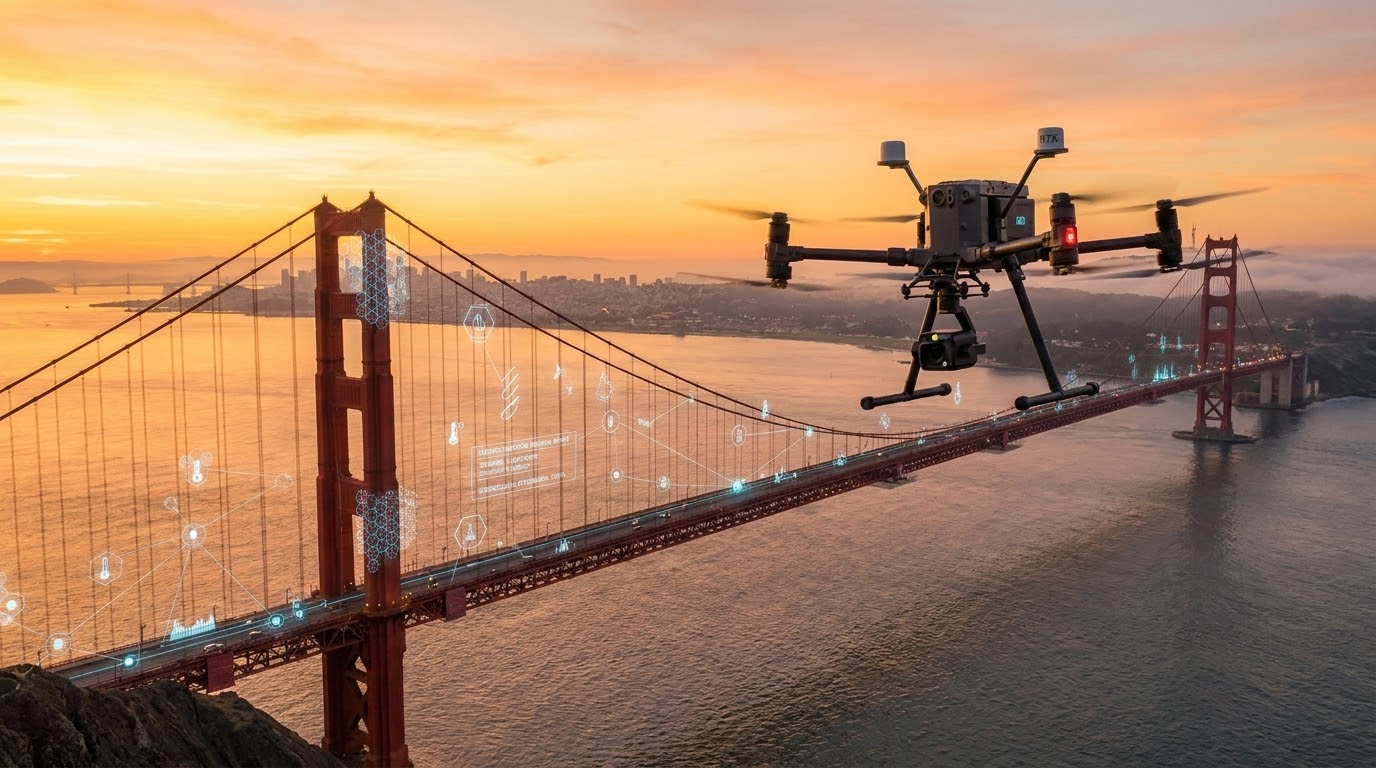Illustrative image: a drone near the Golden Gate Bridge representing disaster-response assessment