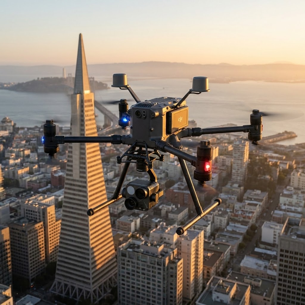 Illustrative image: a public-safety drone over the San Francisco skyline (Search & Rescue)