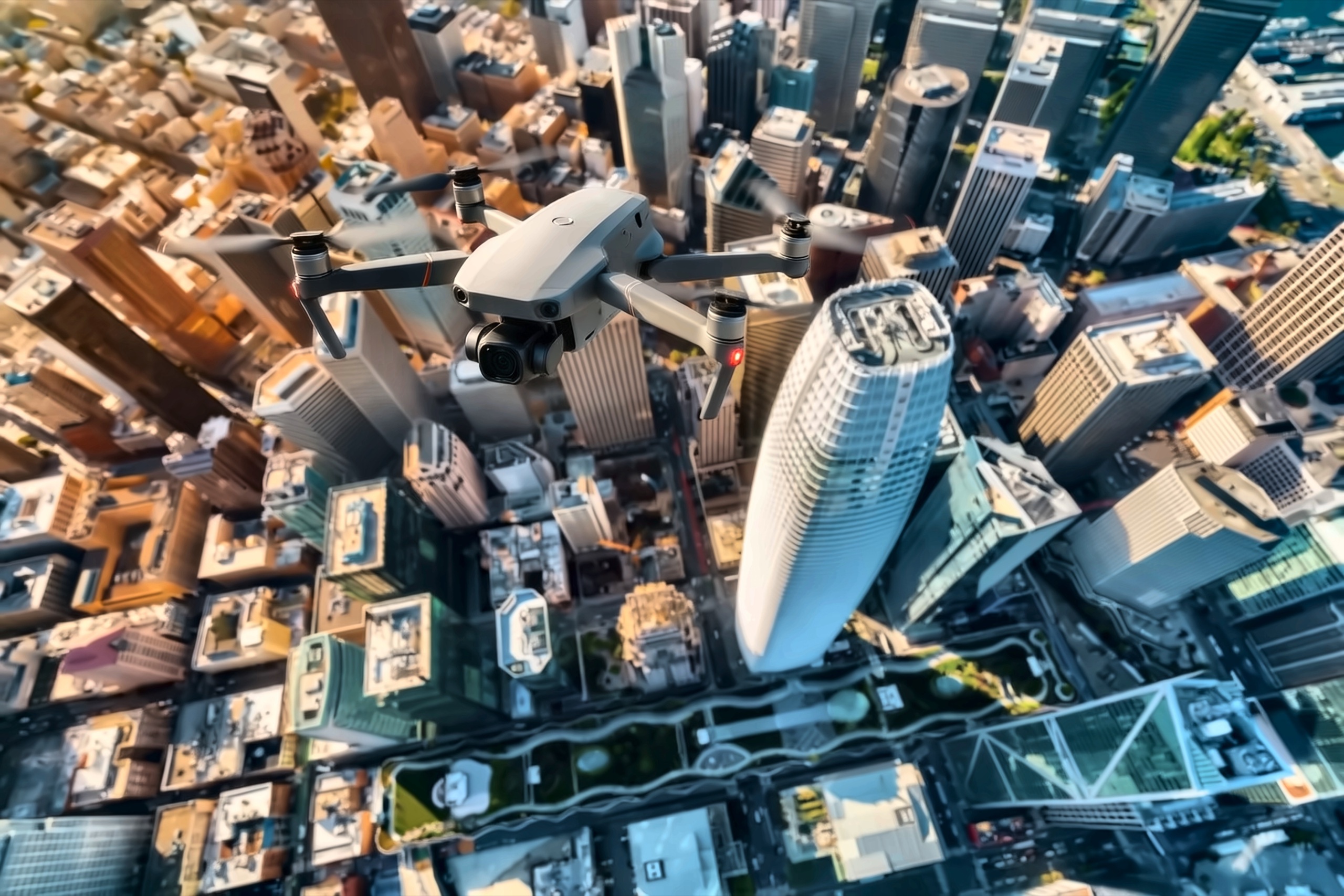 Illustrative image: a quadcopter drone above the downtown San Francisco skyline